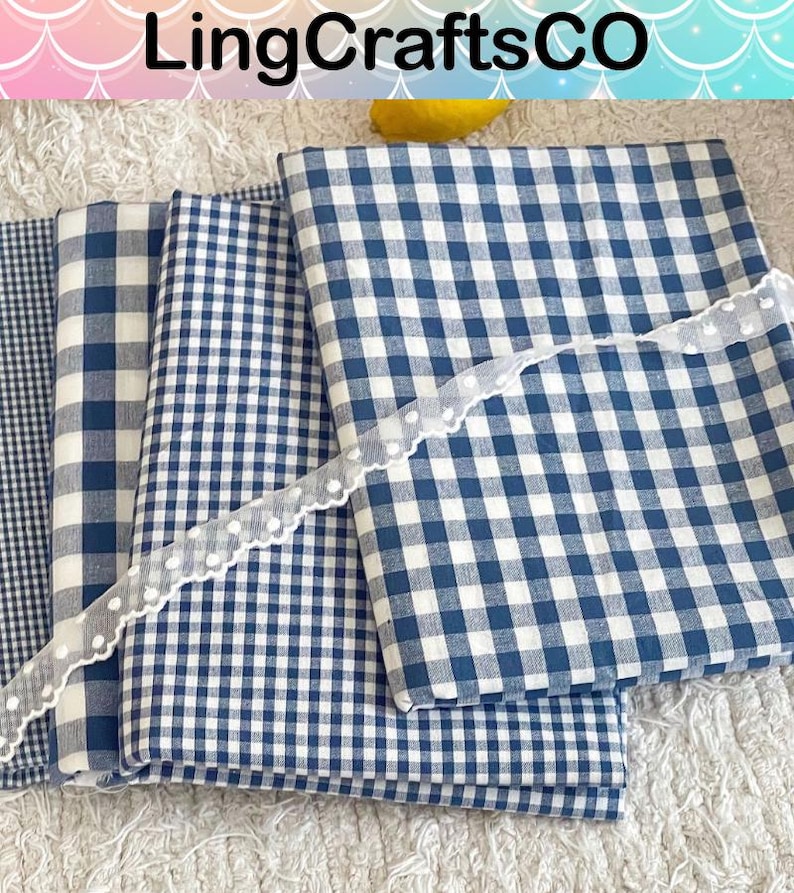 Tela de algodón a cuadros azules cortada a medida, tela a cuadros retro para confección de ropa, manteles y tapicería. imagen 2