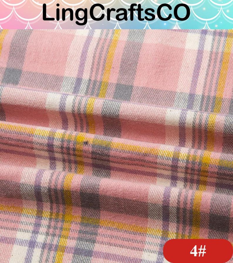 May include: A fabric featuring a plaid pattern in shades of pink, white, gray, and yellow. The textile has a soft, woven texture with visible folds and creases. The text LingCraftsCO is visible at the top, and the number 4# is in the bottom corner.