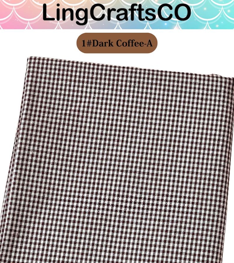 May include: A piece of fabric featuring a small-scale dark coffee brown and white gingham check pattern. The image includes the text LingCraftsCO at the top and the label 1#Dark Coffee-A centered above the textile material.