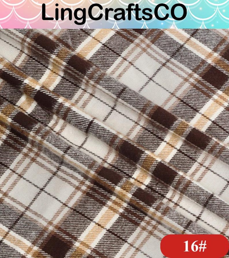 May include: A fabric featuring a plaid pattern in shades of dark brown, tan, and white. The material is folded, creating diagonal ridges across the surface. The text LingCraftsCO is visible at the top, and the number 16# is printed in a red box.