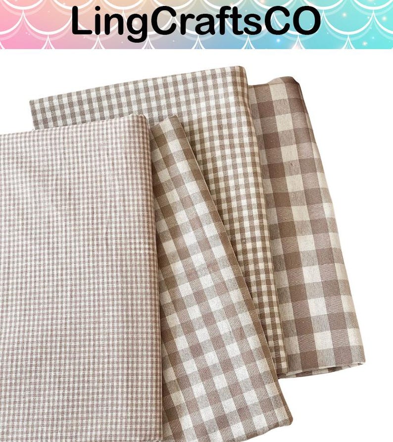 May include: Four folded pieces of fabric featuring various brown and white gingham check patterns. The textiles display different scales of checkered designs, ranging from small micro-checks to larger squares, all in neutral earth tones.