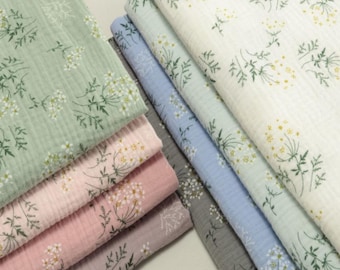 Tela de doble gasa con estampado floral sutil, tela de muselina 100% algodón cortada a medida, crepé suave arrugado.