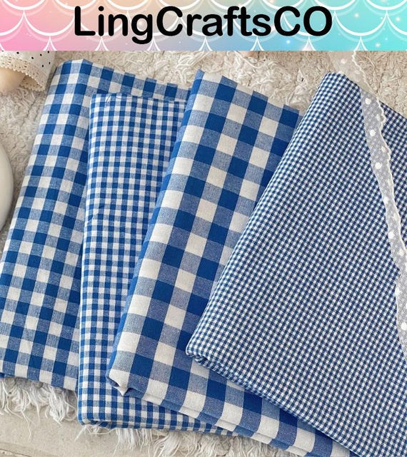 Blue Gingham Cotton Fabric by Yard, Retro Checkered Fabric for Dressmaking, Tablecloth, Upholstery Textile