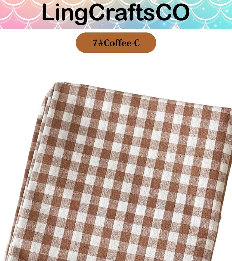May include: A folded piece of fabric featuring a brown and white gingham check pattern. The image includes the text LingCraftsCO at the top and a brown rectangular label with the text 7#Coffee-C centered below the brand name.