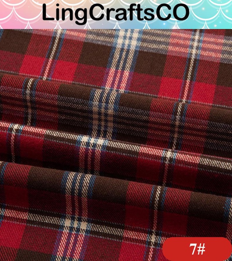 May include: A folded fabric featuring a plaid pattern in shades of deep red, dark brown, and thin white and blue stripes. The text LingCraftsCO is visible at the top, and the number 7# is printed in white on a red rounded rectangle at the bottom.