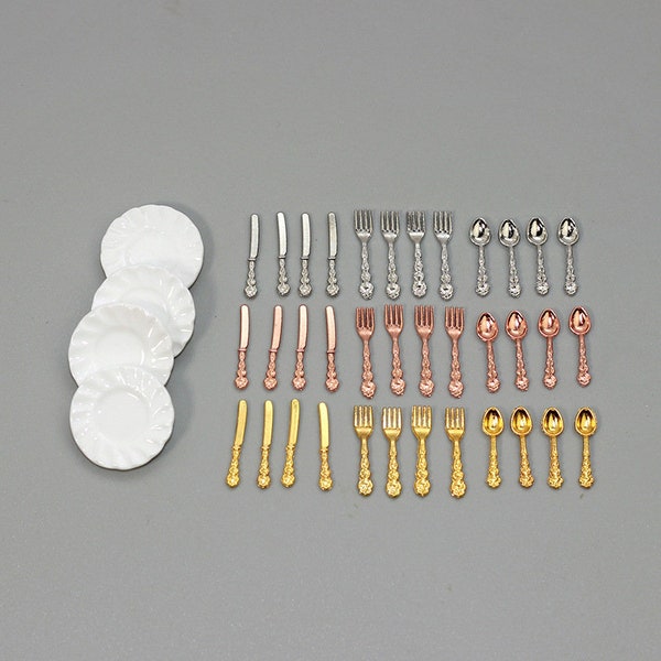 1 Set 1:12 Miniature Knife Fork Spoon Plate Tableware Kit Dollhouse Kitchen Decoration Doll House Accessories Kids Toy