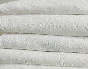 Floral Cotton Embroidery Fabric, White Eyelet Fabric for Blouse, Bridal Dress Sewing