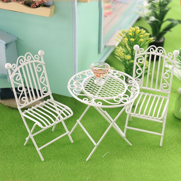 3Pcs/Set European Style Miniature Metal White Table Chair For 1/12 Dolls House Room Garden Furniture Dollhouse Accessories