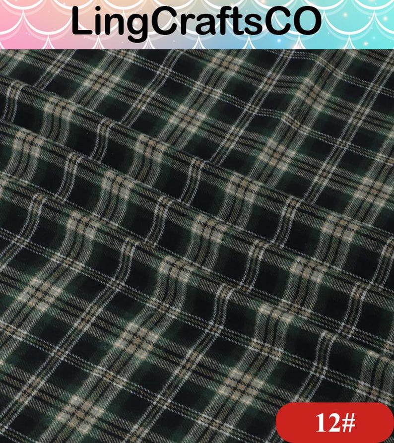 May include: A fabric featuring a dark green, black, and beige plaid pattern with thin white intersecting lines. The material is folded, creating soft ripples and shadows across the surface. The text LingCraftsCO and 12# are visible.