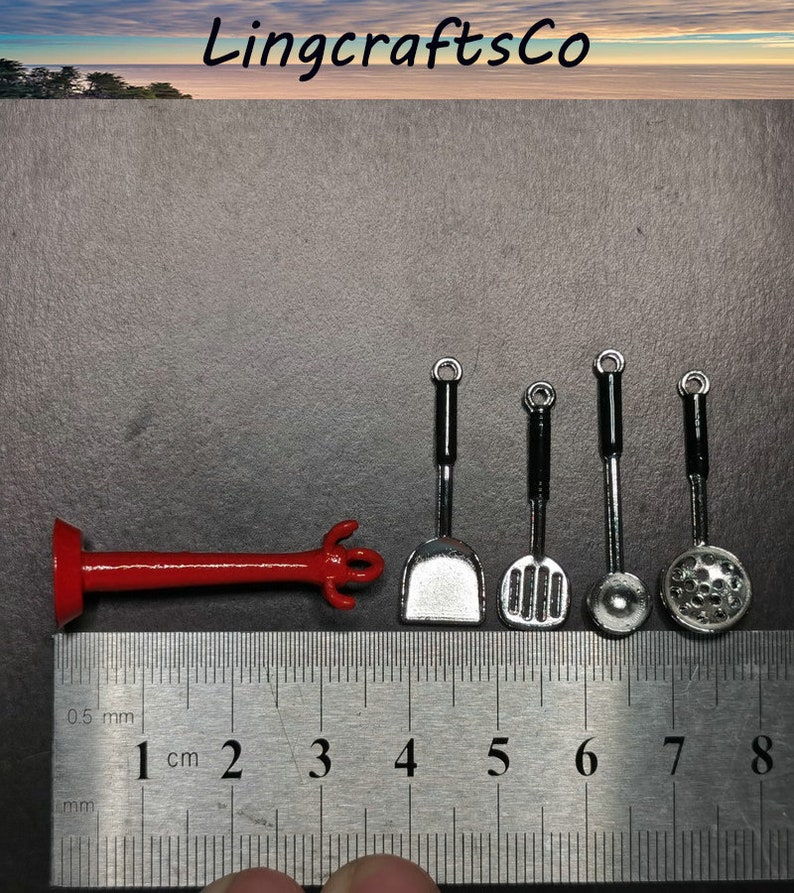 Melody Jane Dollhouse Black Hanging Utensil Set & Rack Miniature 112 Kitchen Accessory