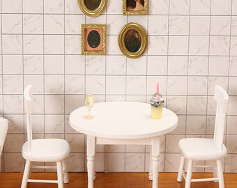 1/12 Scale Dollhouse Miniature Furniture – White Metal Round Table & 2 Chairs Set