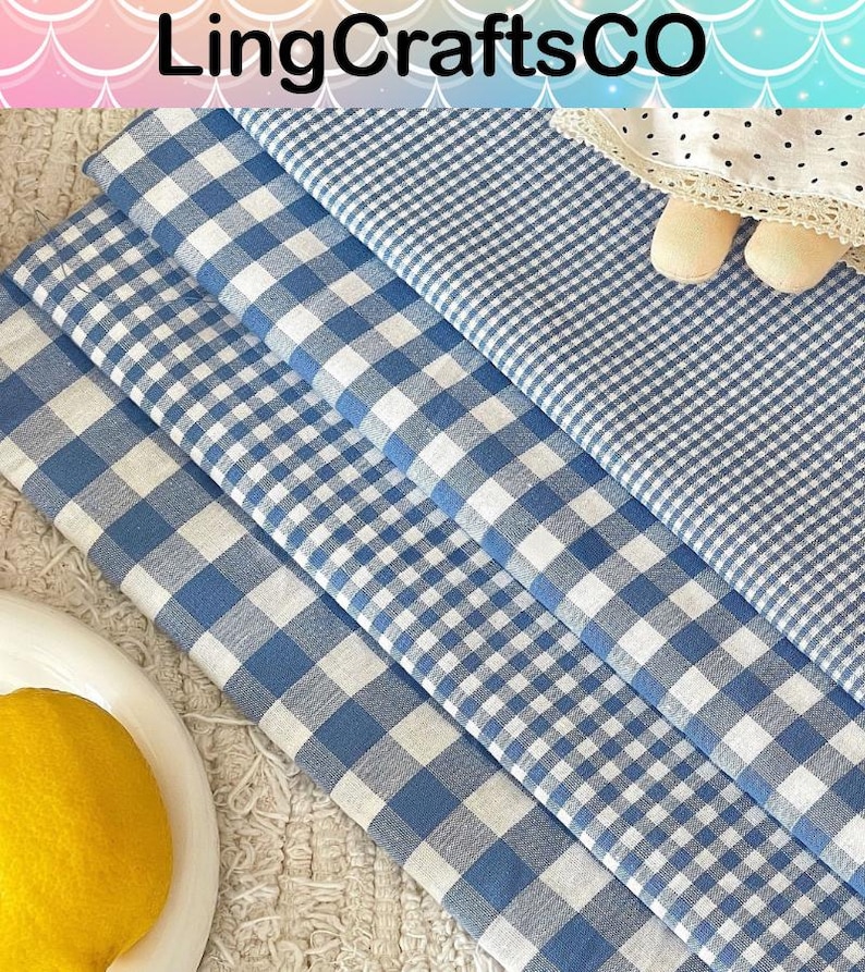Tela de algodón a cuadros azules cortada a medida, tela a cuadros retro para confección de ropa, manteles y tapicería. imagen 4