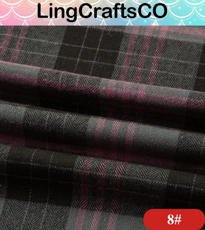 May include: Fabric featuring a dark charcoal gray and deep purple plaid pattern with a visible herringbone weave texture. The textile displays a folded surface with the text LingCraftsCO at the top and the number 8# in a red box at the bottom.