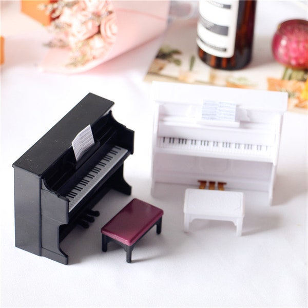 1:12 Wooden Grand Piano With Stool Model Play Toys Accessories Dollhouse Miniature White Black Piano Doll House Decoration Kids Gift