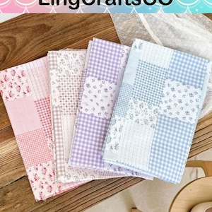 May include: Four rectangular fabric swatches featuring patchwork designs in pink, beige, lavender, and blue. Each swatch displays a combination of gingham check patterns and small floral prints. The text LingCraftsCO is visible at the top.