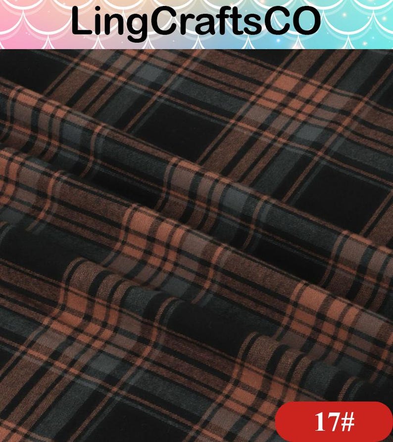 May include: A fabric featuring a plaid pattern in shades of black, dark gray, and muted brown. The textile displays a woven appearance with intersecting horizontal and vertical lines. The text LingCraftsCO appears at the top, and 17# is in the corner.