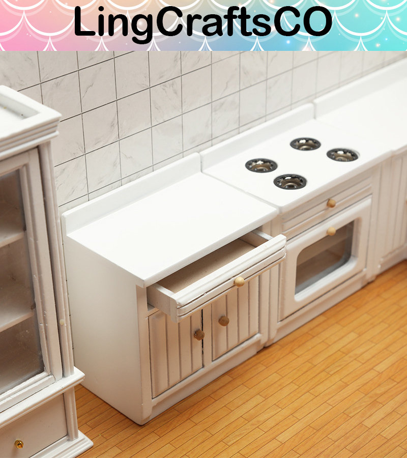 NAMOARLY 1/12 Scale Miniature Kitchen Cabinet - White Wood Dollhouse Furniture For Tiny House Decor