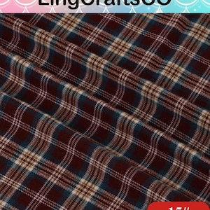 May include: A fabric featuring a plaid pattern in deep burgundy, dark teal, and thin white lines. The material is folded, creating soft, diagonal ripples across the surface. The text LingCraftsCO appears at the top, and 15# is at the bottom.