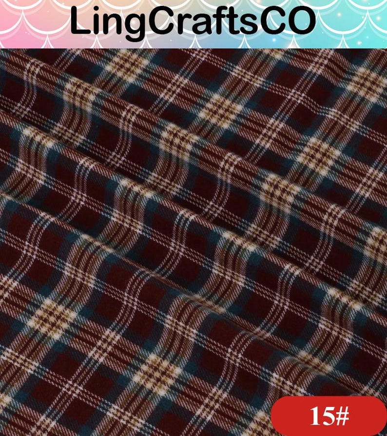 May include: A fabric featuring a plaid pattern in deep burgundy, dark teal, and thin white lines. The material is folded, creating soft, diagonal ripples across the surface. The text LingCraftsCO appears at the top, and 15# is at the bottom.