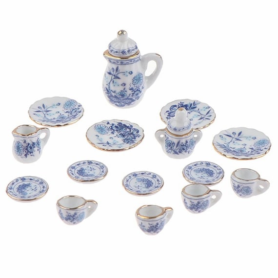 15Pcs 1:12 Miniature Porcelain Tea Cup Set Flower Tableware