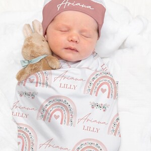 Blush Rainbow Floral Swaddle Baby Name Blanket Baby Girl Swaddle Blanket Wrap Personalized Baby Shower Gift Hospital Name Announcement