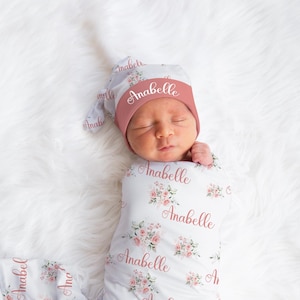 Blush Pink Floral Swaddle Baby Name Blanket, Baby Girl Swaddle Blanket Wrap, Personalized Baby Shower Gift, Hospital Name Announcementt