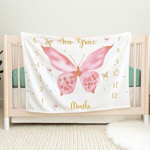 Mijlpaaldeken vlinder, gepersonaliseerde mijlpaaldeken, maandelijkse babymijlpaal, babyshower vlinder, fotodeken, meisje
