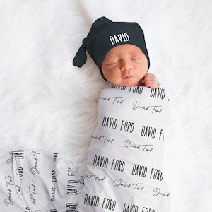 Personalized Baby Name Swaddle Blanket Hat Set, Custom Boy Baby Shower Gift Hospital Name Announcement, Personalized Baby Boy Blanket