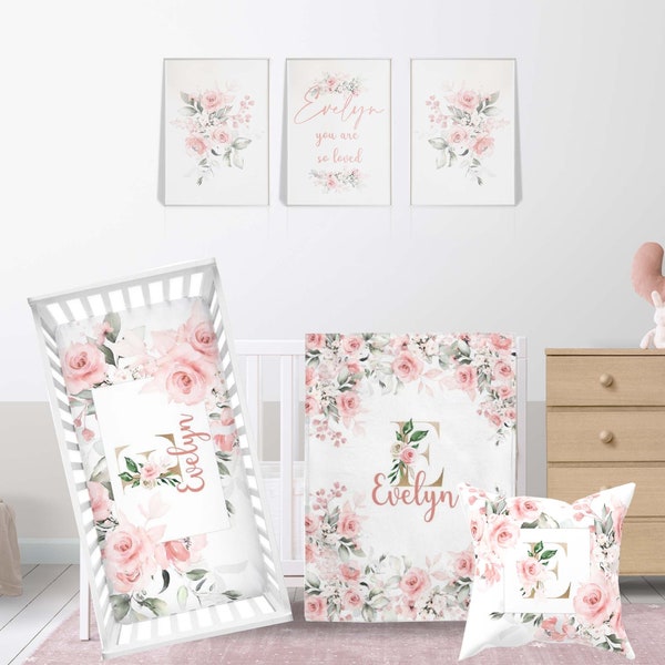 Floral Crib Bedding Set, Girl Crib Bedding, Pink Roses Nursery, Pink Floral Crib, Personalized Baby Blanket, Floral Blanket Girl