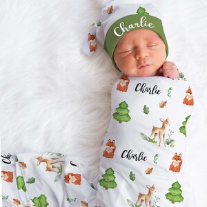 Personalized Swaddle Blanket Woodland Baby Blanket Hat Set Hospital Name Announcement Baby Boy Blanket Baby Shower Gift