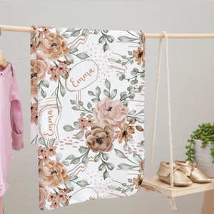 Boho Floral Roses Caramel Personalized Baby Girl Name Blanket, Gender Neutral Custom Baby Shower Gift BFB1