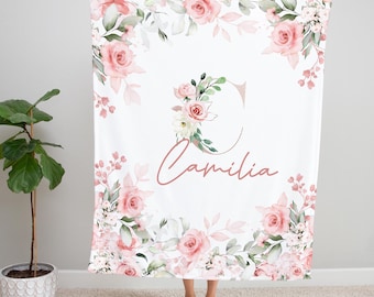 Personalized Baby Name Blanket, Floral Nursery Blanket, Baby Blanket with Name, Monogram Blanket, Baby Girl Blanket, Pink Rose