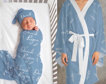 Dusty Blue Matching Robe Swaddle Set Mom and Baby Baby Shower Gift New Mom Gift Matching Set Robe Swaddle Newborn Beanie Hat Headband