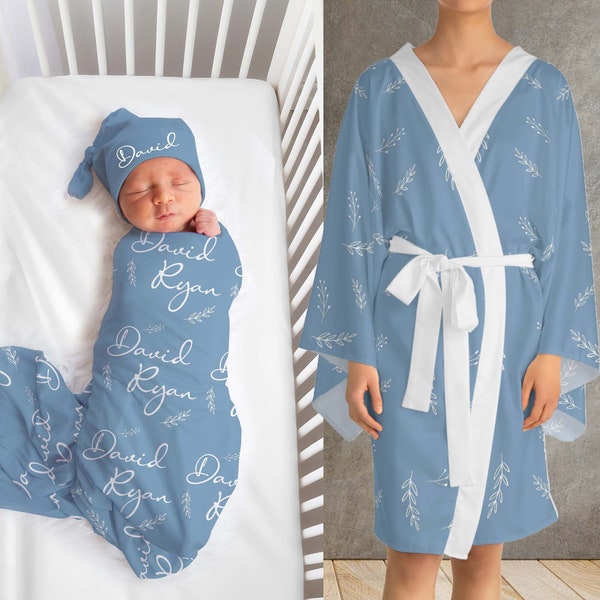 Dusty Blue Matching Robe Swaddle Set Mom and Baby Baby Shower Gift New Mom Gift Matching Set Robe Swaddle Newborn Beanie Hat Headband