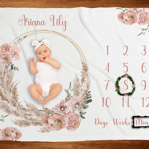 Meisje boho mijlpaaldeken met markeringen babyleeftijd maand deken met groeimeter bloemen thema nieuwe moeder cadeau babyshower idee leeftijd kalender