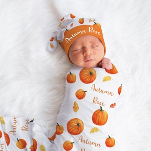 Halloween Swaddle set, Unisex Swaddle Blanket, Pumpkin Baby Name Blanket, Coming Home Outfit, Fall Baby Shower Gift, Hospital Photo Blanket
