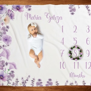 Manta de hito para bebé de flores silvestres de lavanda, Manta lila para niña recién nacida, Manta morada para el mes del bebé, Manta personalizada para el primer año