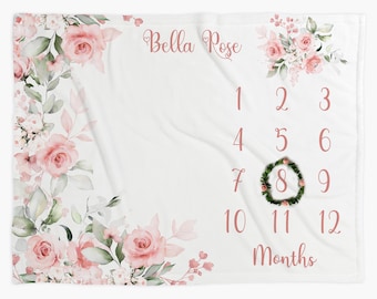 Personalized Girl Milestone Blanket Pink Floral Baby Month Blanket Custom Baby Girl Shower Gift Baby Girl Nursery New Mom Gift PF01