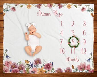 Wild Flower Milestone Blanket Girl Floral Monthly Blanket Baby Shower Gift New Mom Baby Keepsake Gift Baby Growth Chart Custom Baby Gift
