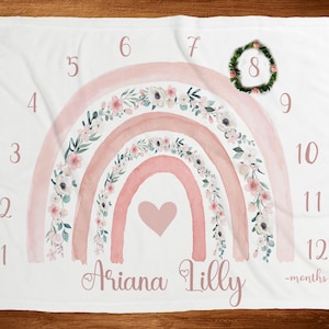 Blush Rainbow Milestone Manta con corona personalizada bebé niña mes manta bebé ducha regalo nuevo bebé presente calendario de edad del bebé