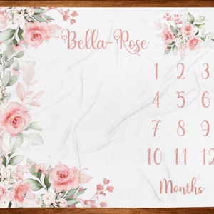 Floral Milestone Blanket Girl Pink Roses Baby Month Blanket Personalized Baby Girl Shower Gift Baby Nursery New Mom Gift with Marker PF01