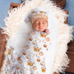 Boho Pumpkin Floral Baby Name Blanket, Baby Girl Personalized Shower Gift, Caramel Swaddle Blanket, Newborn Coming Home Hospital Outfit