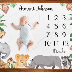 Safari Baby Milestone Blanket Animals, Safari Monthly Blanket, Personalized Blanket, Jungle Animals, Lion Elephant Rhino, Track Baby Growth