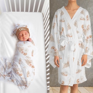 PERSONALIZED Matching Robe and Swaddle Set Mom and Baby Baby Shower Gift New Mom Gift Matching Set Robe Swaddle Newborn Beanie Hat Headband