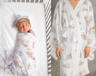 PERSONALIZED Matching Robe and Swaddle Set Mom and Baby Baby Shower Gift New Mom Gift Matching Set Robe Swaddle Newborn Beanie Hat Headband