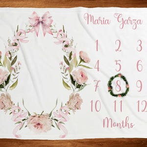 Coquette Bow Floral Milestone Blanket Girl Blush Roses Baby Month Blanket Pink Ribbon Personalized Baby Girl Shower Gift with Marker