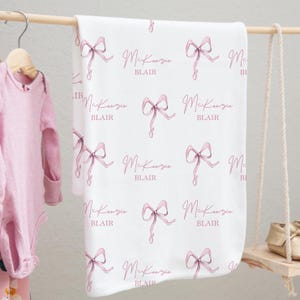 Blush Coquette Bow Swaddle Baby Name Blanket Baby Girl Swaddle Blanket Wrap Personalized Pink Ribbon Baby Shower Gift Hospital Name Announce
