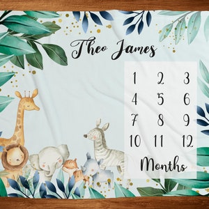 Safari Milestone Blanket, Personalized Baby Name Blanket, Greenery, Jungle Animals, Lion Elephant Rhino, Track Baby Growth, Monthly Photo