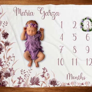 GEPERSONALISEERDE paarse babymeisje mijlpaal deken bloemen pasgeboren meisje leeftijd deken baby maand aangepaste meisje eerste jaar deken met markering