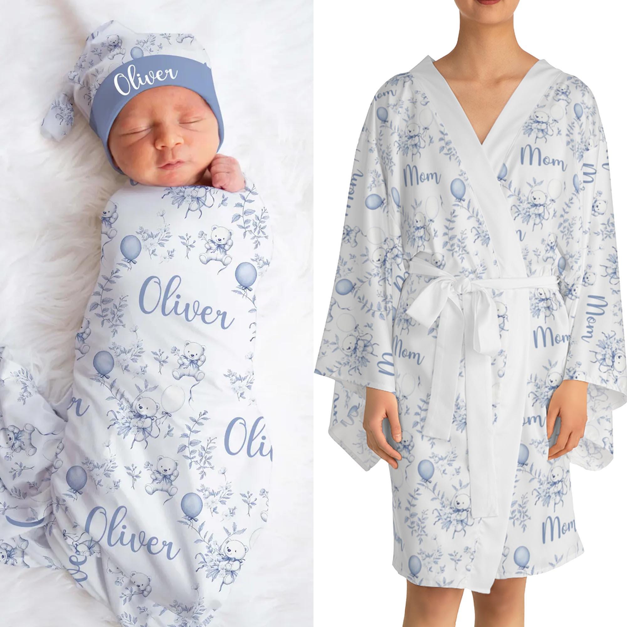 Slate Blue Bear Newborn Coming Home Outfit Chinoiserie Bear Mom Baby Matching Outfit Toile Hospital Swaddle Set Baby Shower Gift Dusty Blue